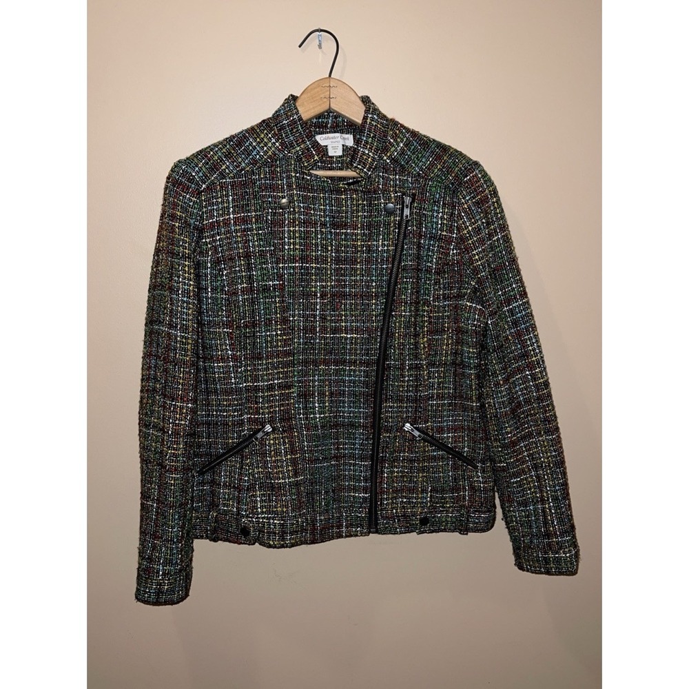 Coldwater Creek Wool Blend Rainbow Tweed Moto Jacket SZ 12 Lined Preppy Clueless